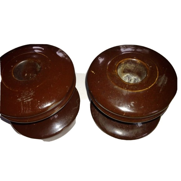 Vintage 2 Porcelain Brown  Spool insulators No Id Markings 3" x 2-7/8" - Picture 5 of 6